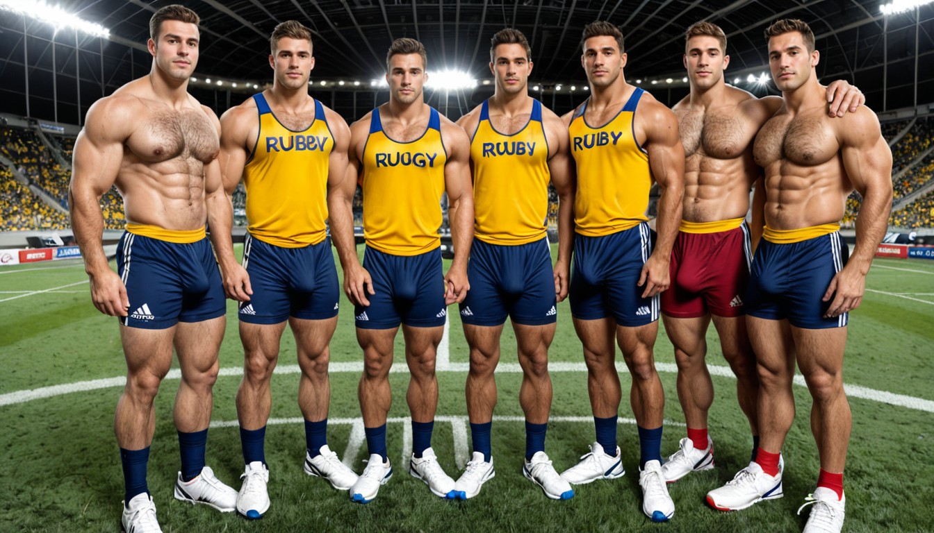 Enormous Shoulders, Rugby Players In Yellow Sport Singlets Playing Against Those Rugby Players In Light Blue Sport Singlets, Sweat Porno gay IA