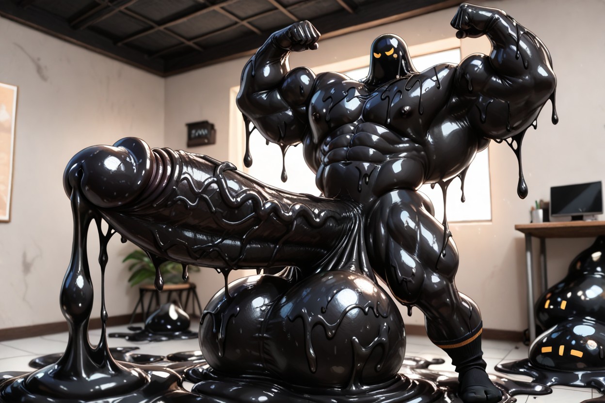 Barcode Tattoo, Body Coated With Black Slime, Perfect Oversized Thick And Extra Long Hyper Dick AI Gay Porn