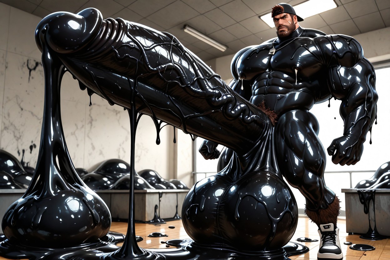 Excessive Messy Black Slime, Black Slime On Head And Hair, Gigantic Balls AI Gay Porn