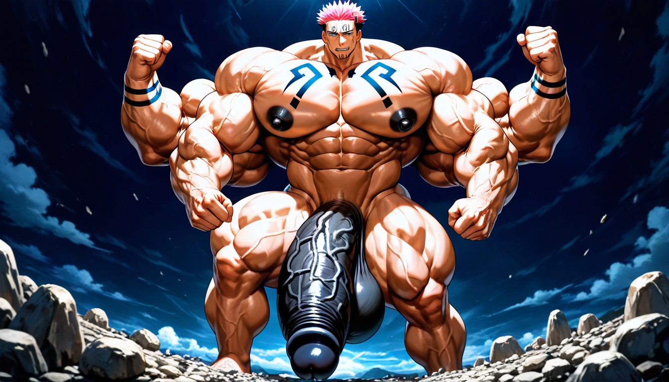Zoom Out, Ryoumen Sukuna From Jujutsu Kaisen Anime Series, Oversized Hyper Gigantic Cock AI Gay Porn