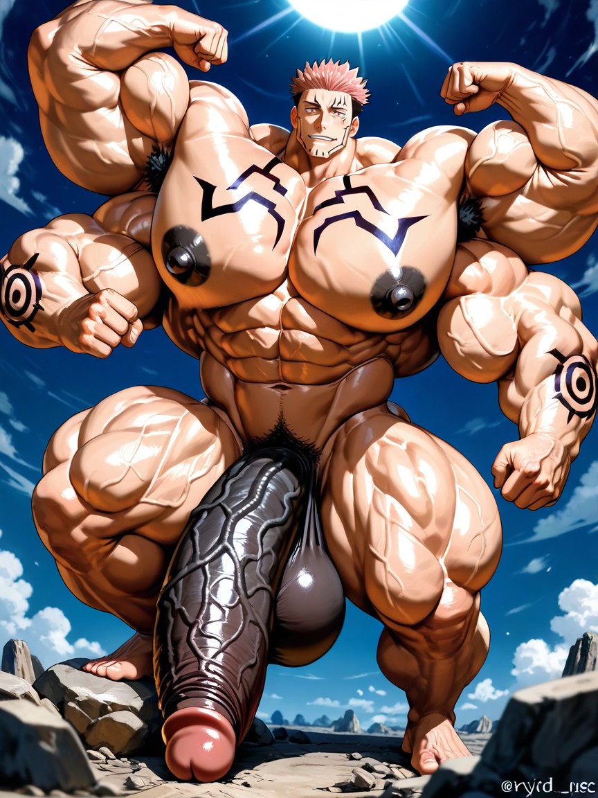 Oversized Muscles, Vivid Cinematic Light Casting Rembrandt-style Deep Shadows On His Massive Bulking Body, Perspective AI Gay Porn