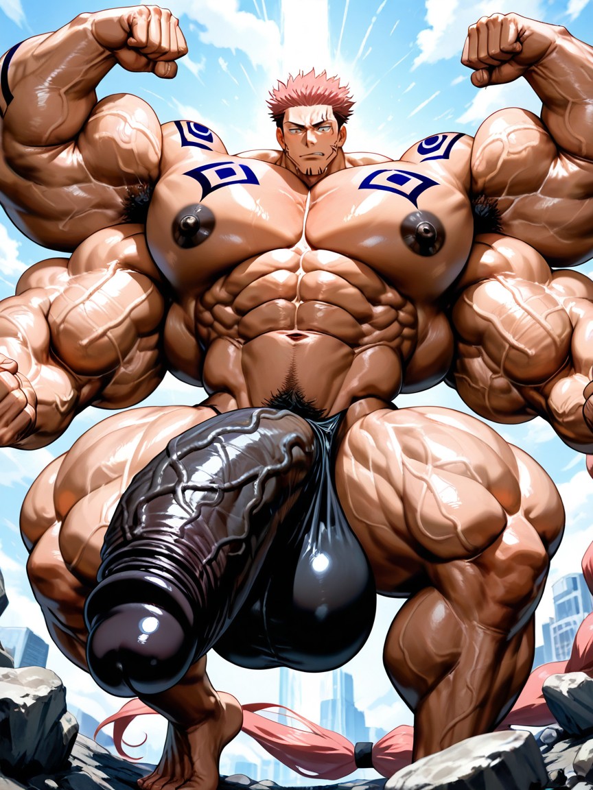 Enormous Bulging Chest And Arms, Stubble, Absurdly Long Oversized Hyper Penis Porno gay IA