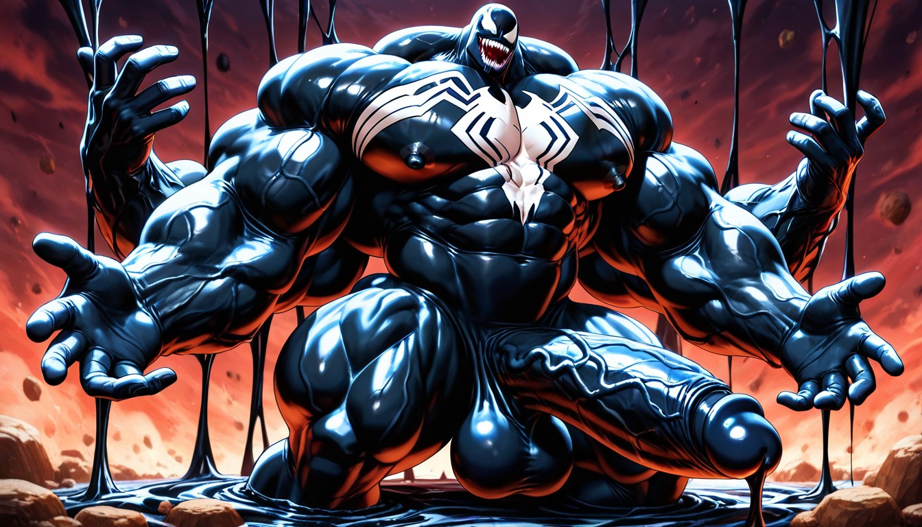 Vivid Cinematic Light Casting Rembrandt-style Deep Shadows On His Massive Bulking Body, Venom /marvel/, Gigantic Long Penis AI Gay Porn