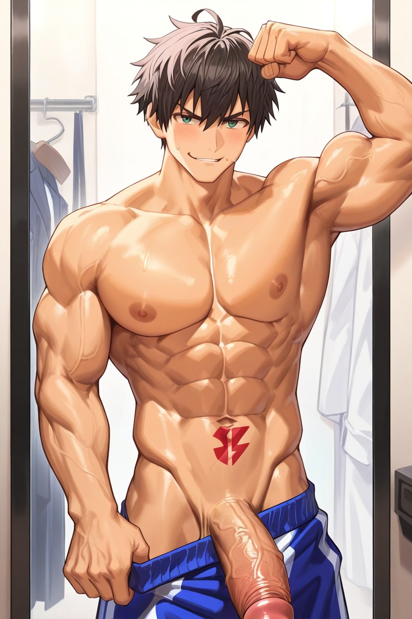 Topless, Own's Erected Penis, Contracting Muscles ゲイAIポルノ