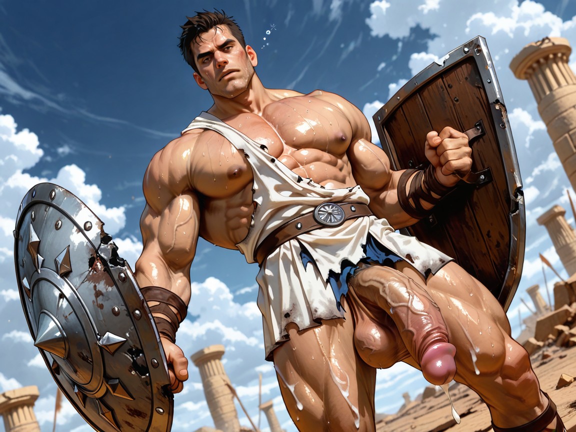 Dynamic Pose, Greek Hoplite Costume, White Hoplite Miniskirt AI Gay Porn