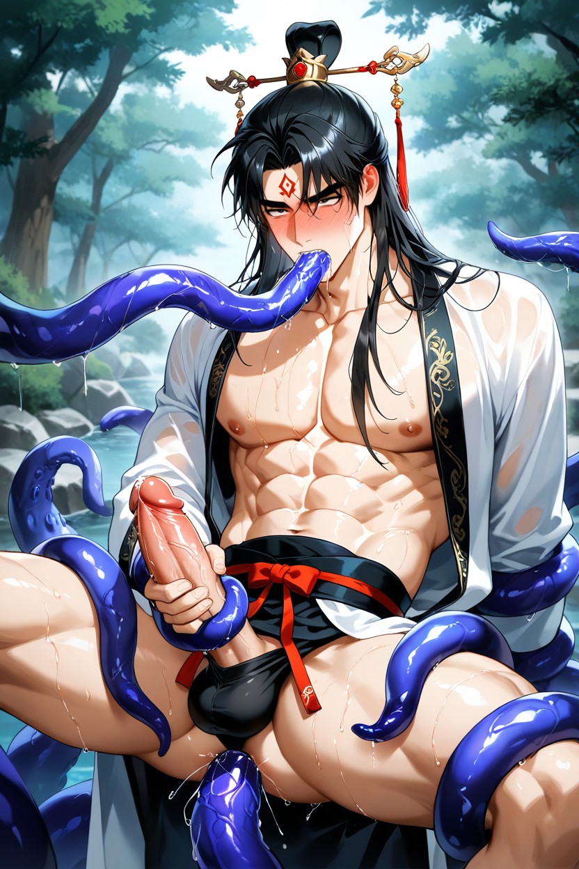 One People Touch The Penis Ang Groping Minghwa Artsyle, And Dangling Chains Woven Into The Topknot, Have A Man From Behind Back AI Gay Porn