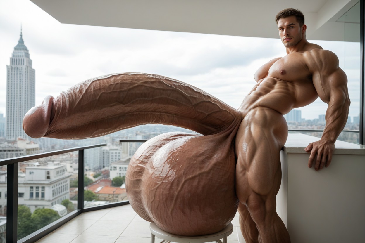 Side View, Solo Tanned Man Only, Gigantic Cock AI Gay Porn