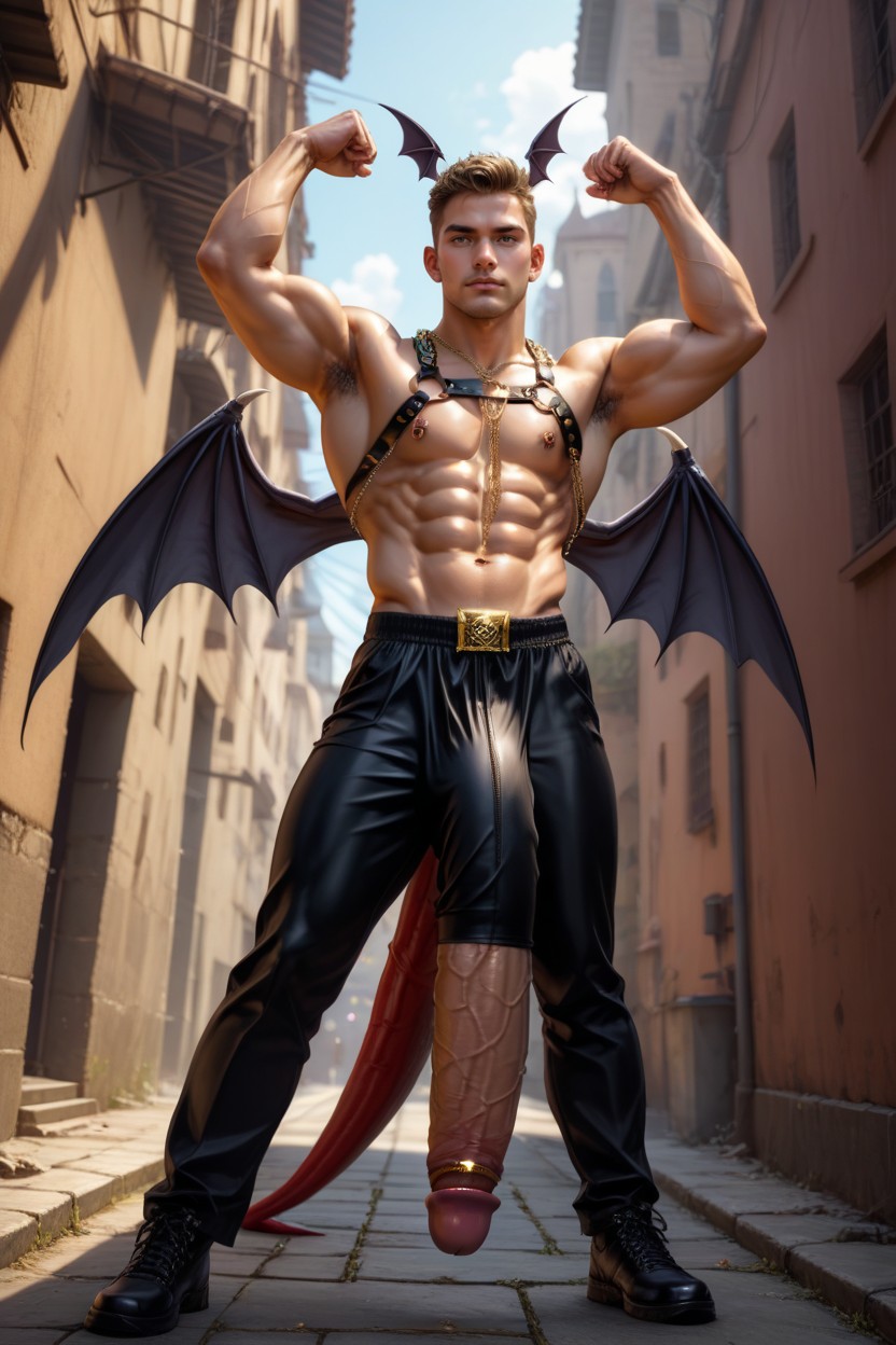 High Definition, No Female, Large Ornate Hanging Jewel Nipple Piercings AI Gay Porn