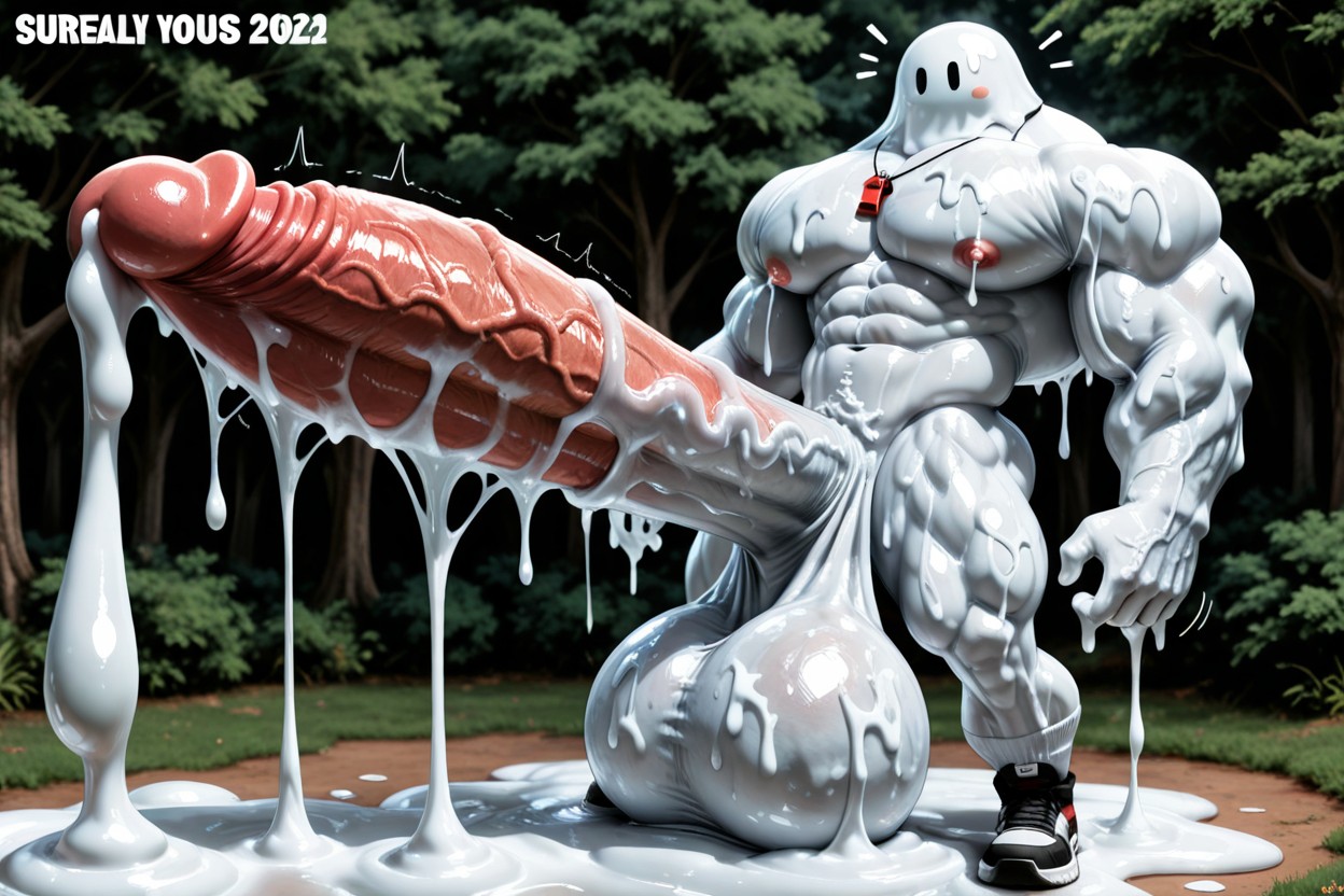 Side View, White Slime On Hair, Abs Coated With White Slime AI Gay Porn