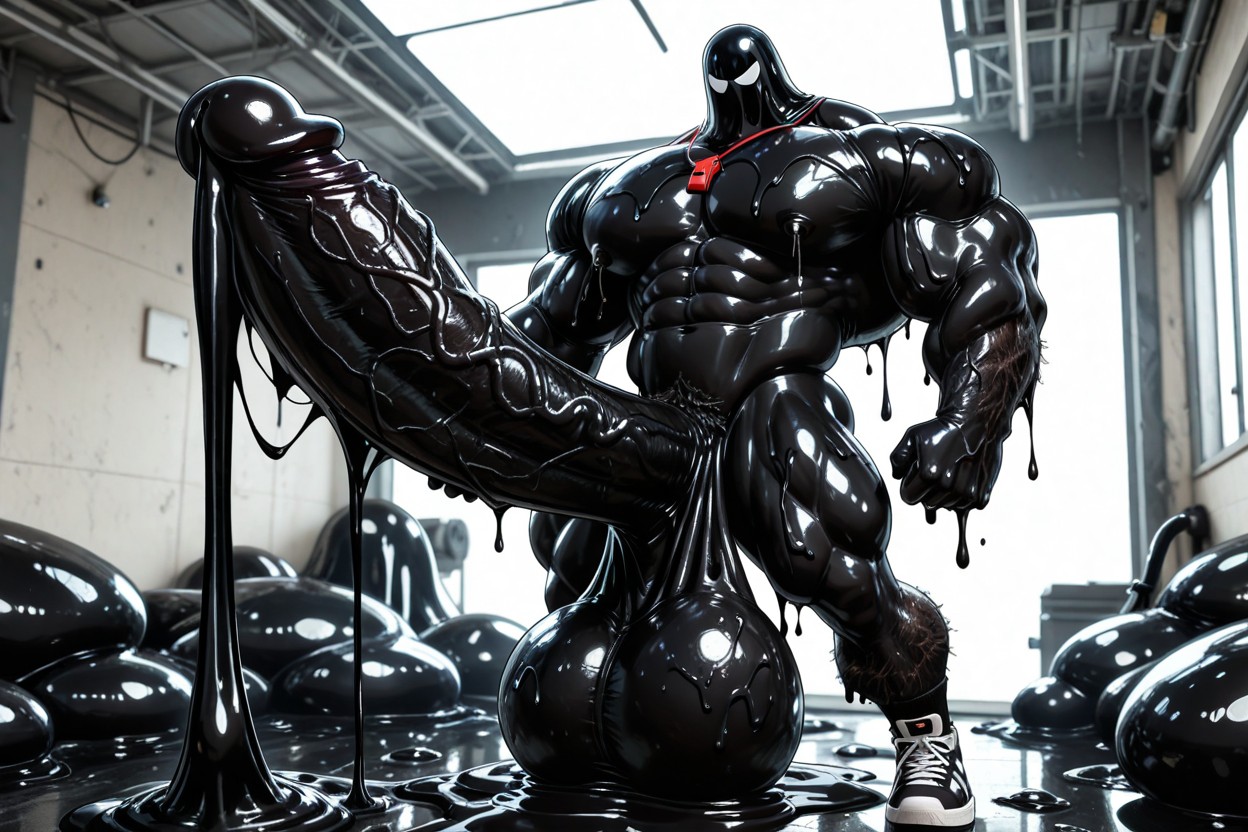 Impossibly Gigantic Hyper Long And Thick Uncut Cock, Veiny Penis, Black Slime On Chest AI Gay Porn
