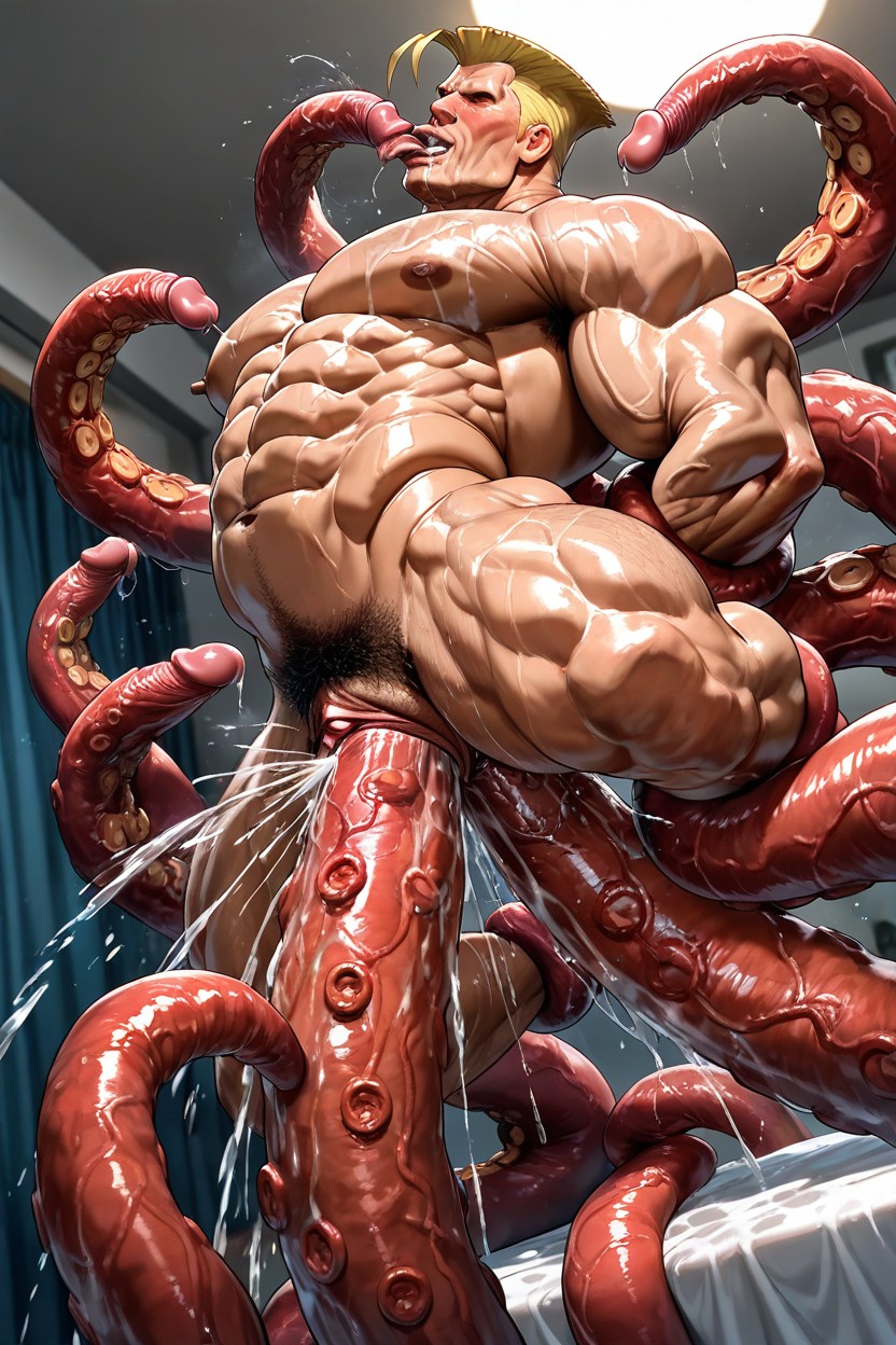 Muscular Bodies Huge Male Organ, Suspended From Ceiling, Tentacles Cumming All Over Body ゲイAIポルノ