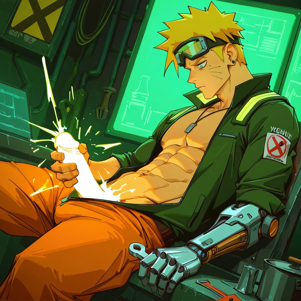 Looking Down At Prosthetic, Looking With Extreme Focus At Arm, Undressed Mechanic Costume AI Gay Porn