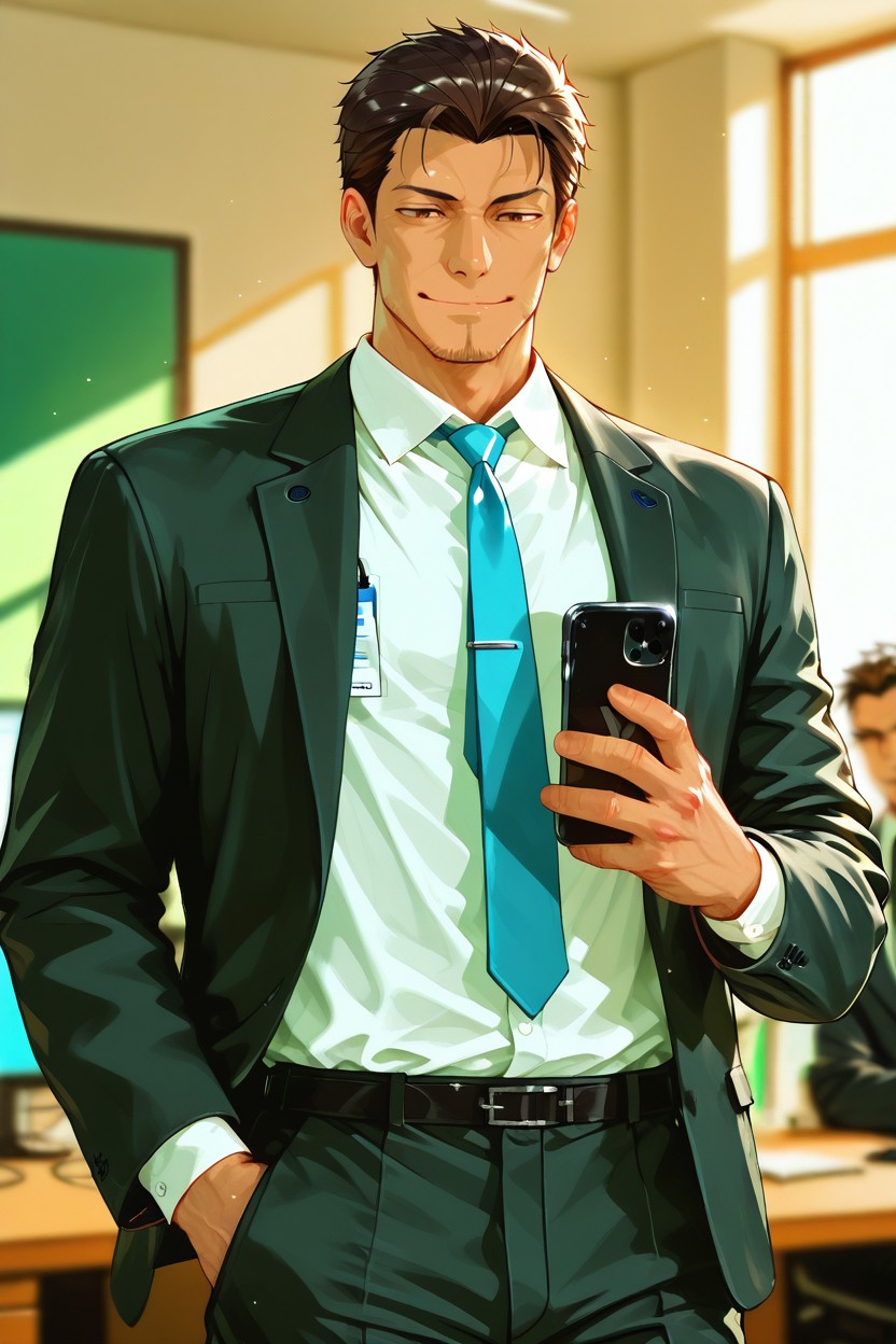 Middle-aged Man, Left Hand Smartphone, Tan Skin ゲイAIポルノ