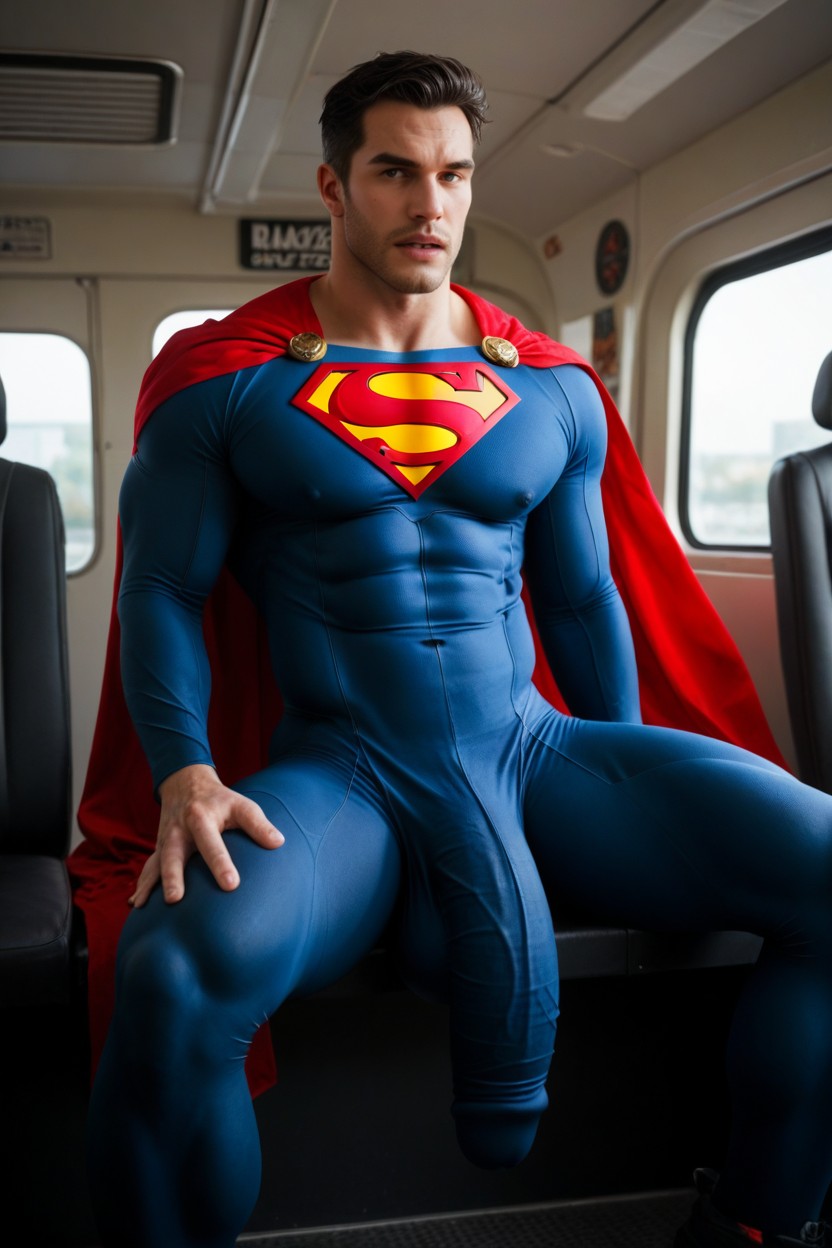 Tight Clothing Covering Gigantic Colossal Bulge Hanging To His Ankles, Red Cape, Blue And Red Suit AI Gay Porn