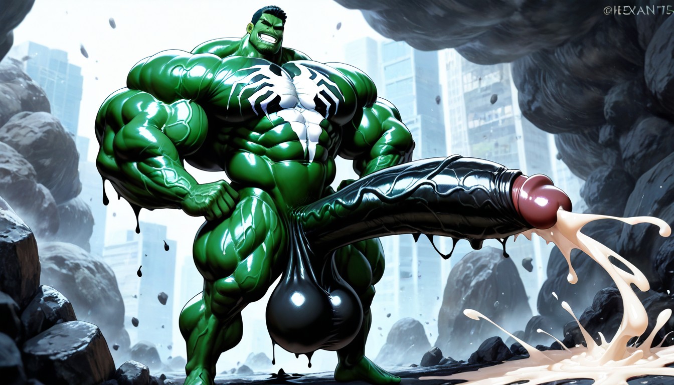 Hyper Exaggerated Gigantic Muscle Physique, Hyper-muscular, Black Goo On Skin AI Gay Porn