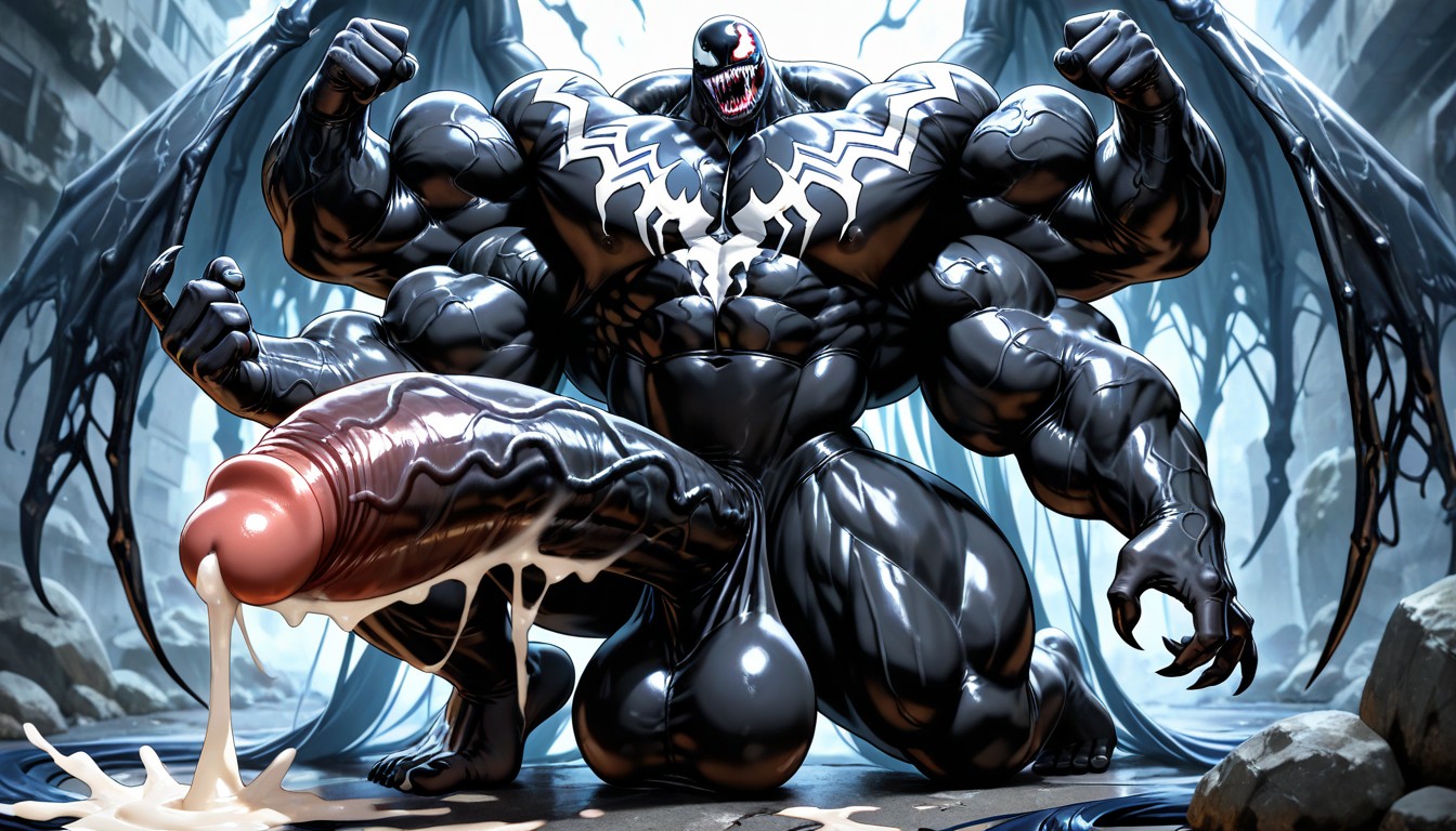 Black Goo Latex Taking Over, Hyper Exaggerated Gigantic Muscle Physique, Medium Ass AI Gay Porn
