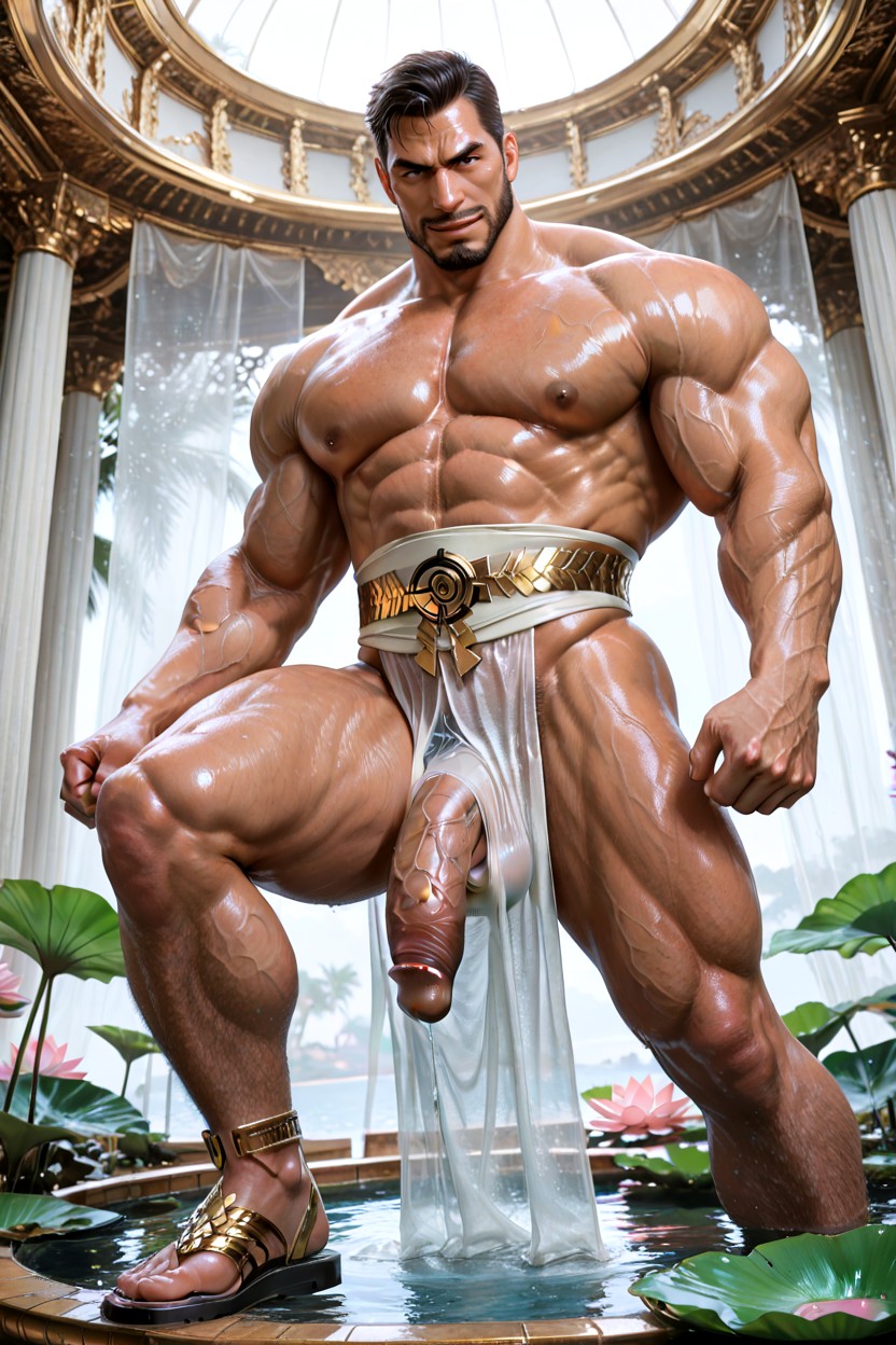 Downward-curving Groin Bulge His Bare Legs Are Completely Exposed With No Pants, Translucent White Silk Pha Khan Ma Sash Is Draped Loosely Across His Massive Shoulders, Heavy Bulging Pecs AI Gay Porn