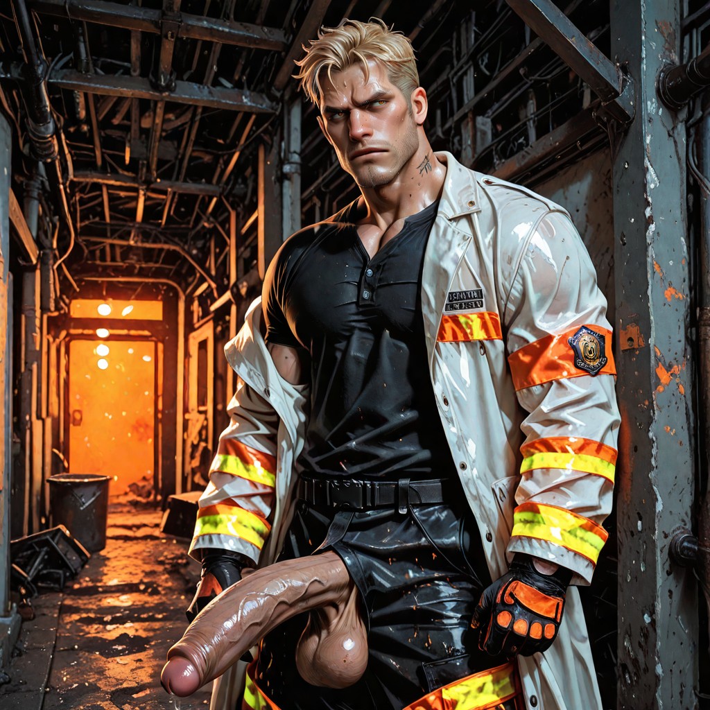 20+, Heavy Fire Pants Shoved Down Around His Thick Thighs, Rectangular Face With Strong Heavy Jaw AI Gay Porn