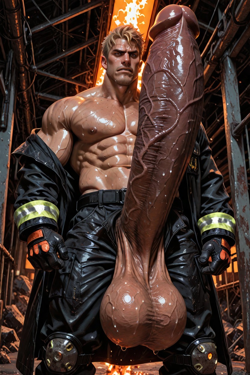 20+, Skin Still Damp And Glistening Under The Cold White Bay Lights Mixed With Warm Orange Emergency Lighting, Intense Exhausted But Defiant Stare At The Camera AI Gay Porn