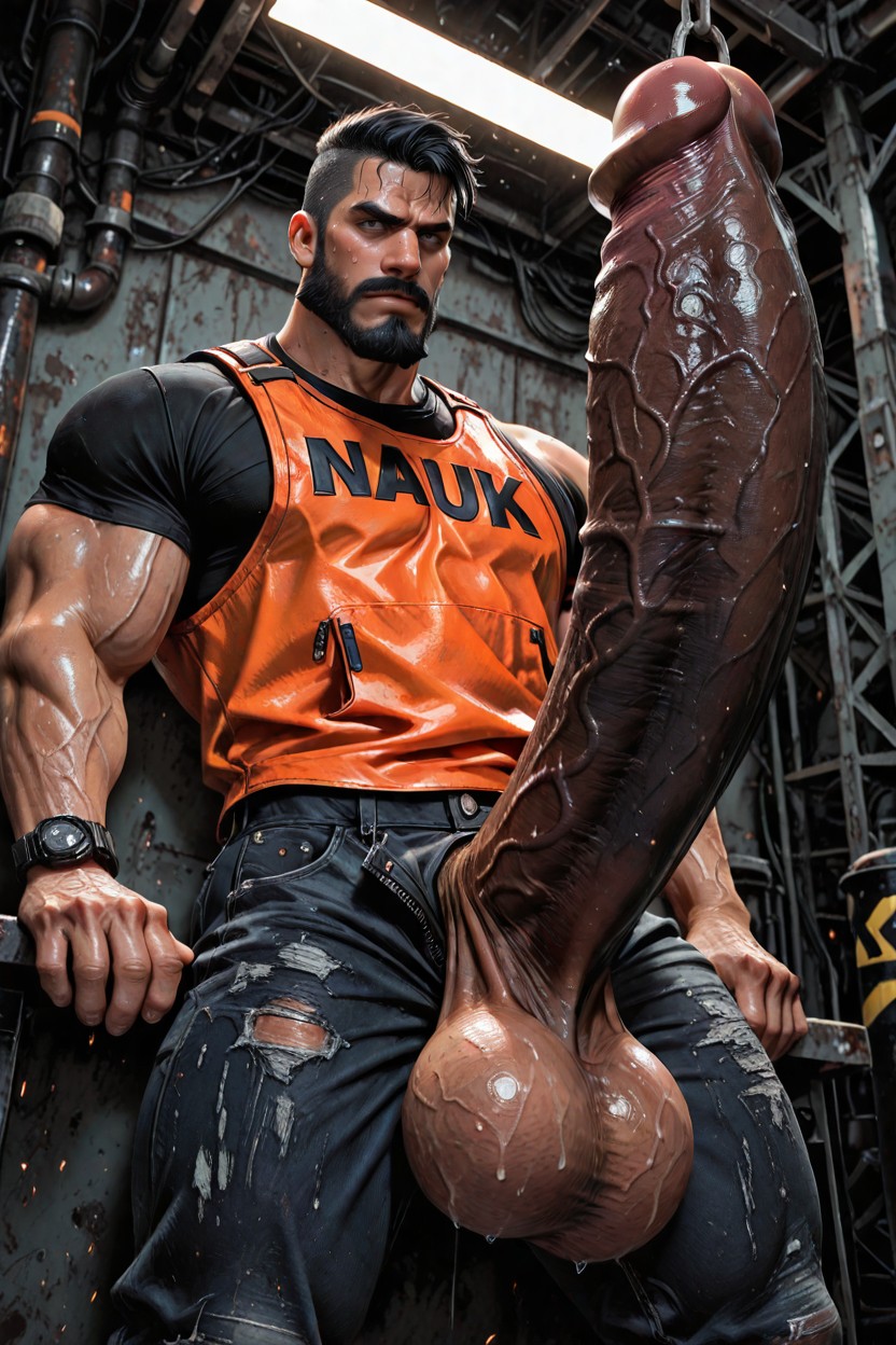 Hyper Gigantic Huge Enormous Massive Cock Bigger Than, Dusty Work Jeans Unzipped And Shoved Down His Powerful Thighs, Black Hair In A Tight Undercut AI Gay Porn