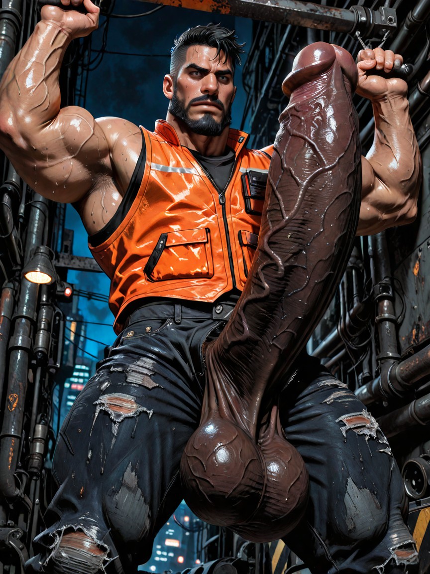 Black Hair In A Tight Undercut, Thick Black Mustache And Dense Boxed Beard, Absurdly Heavy Hanging Cock AI Gay Porn