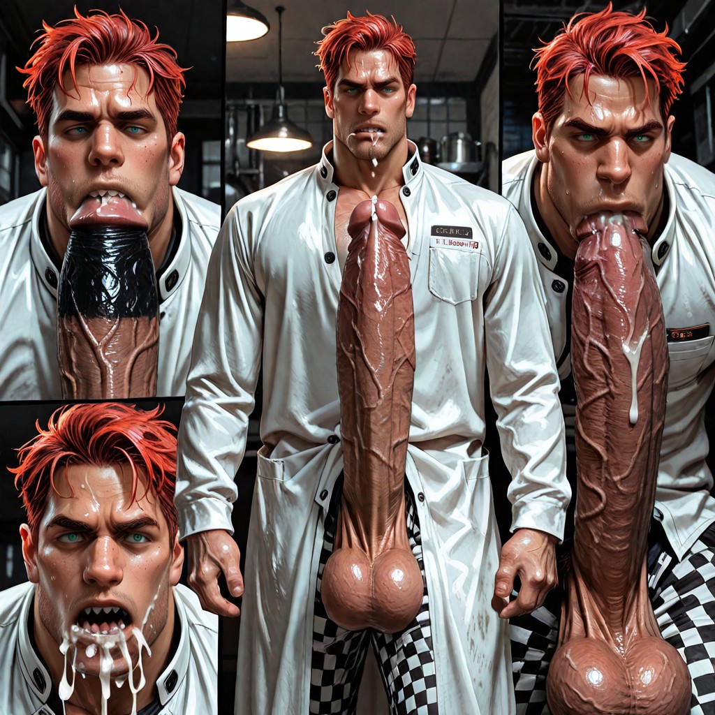 Impossibly Thick And Heavy, Messy Bright Copper-red Ginger Hair, He Is Bent Slightly At The Waist With His Head Tilted Down Performing Autofellatio AI Gay Porn