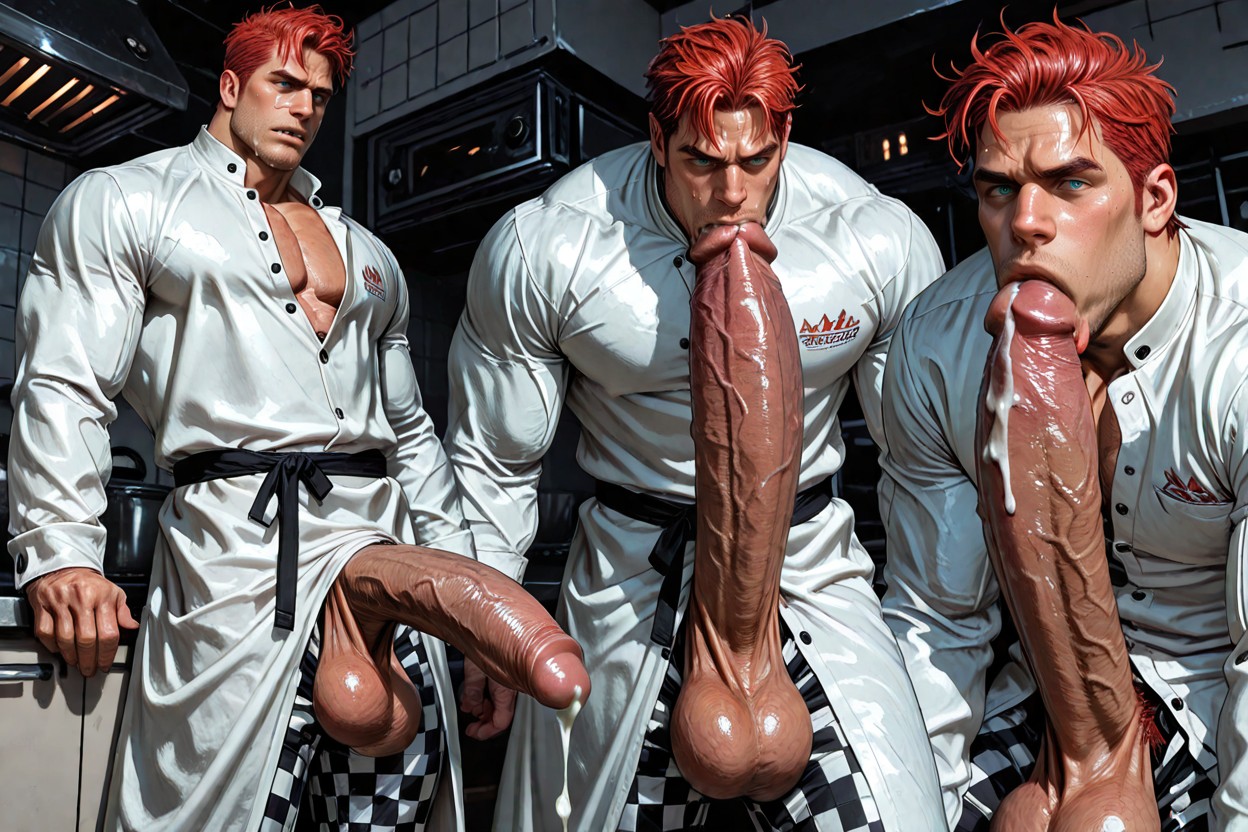 Messy Bright Copper-red Ginger Hair, Impossibly Long Hyper Penis, Square Freckled Face With Sharp Jaw AI Gay Porn