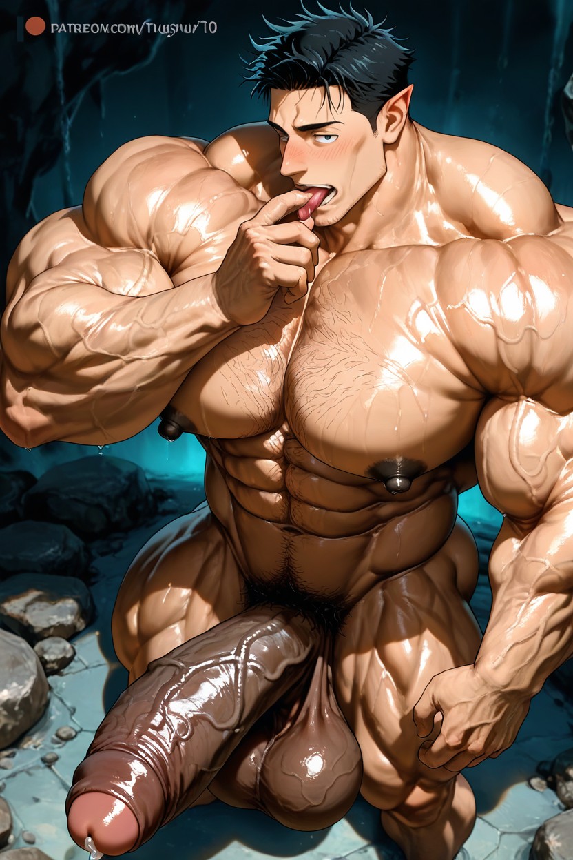 Stubble, A Guy Looking At Male Penis, Oiled Skin AI Gay Porn