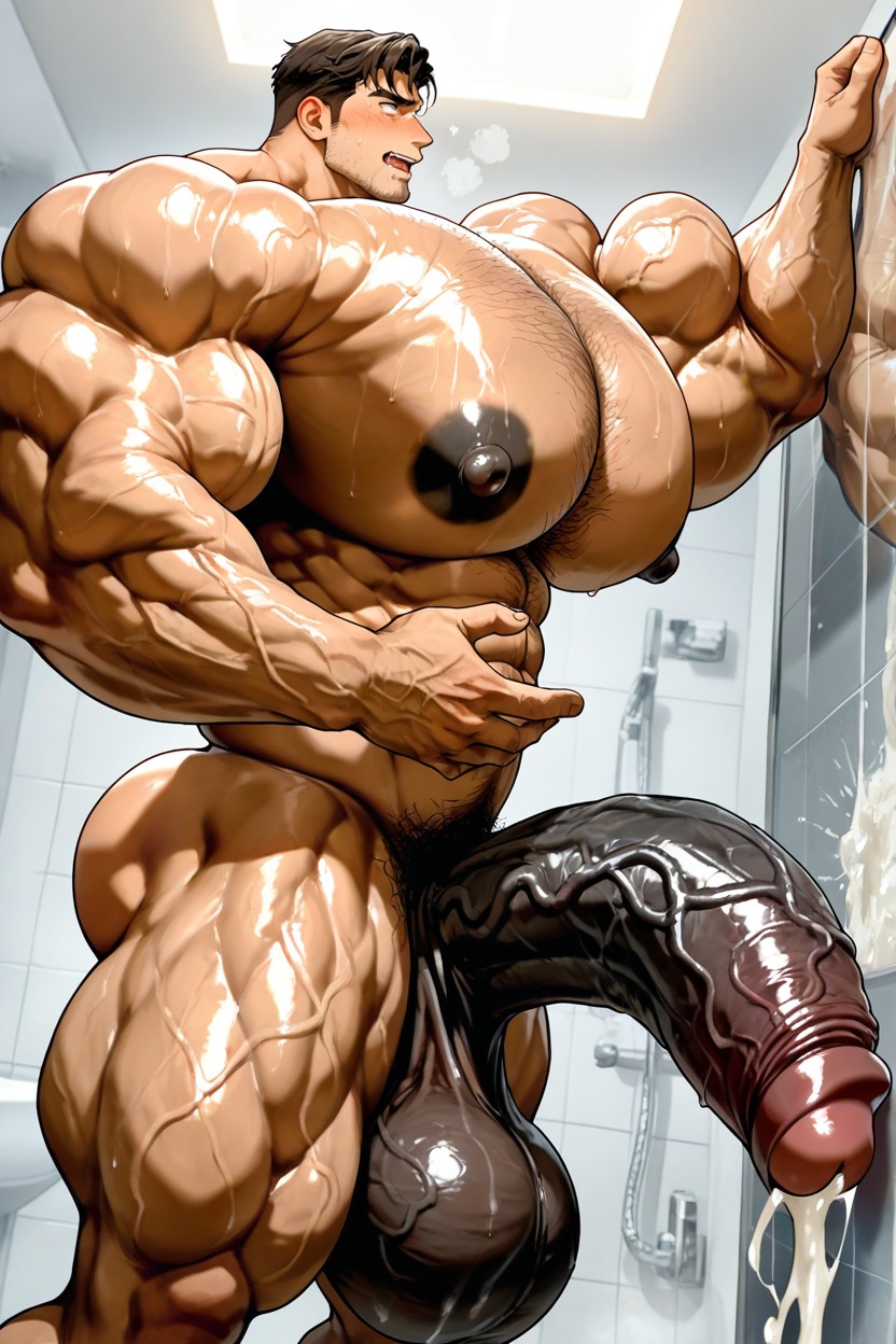 Testicles, Vivid Cinematic Light Casting Rembrandt-style Deep Shadows On His Massive Bulking Body, Gigantic Long Penis AI Gay Porn