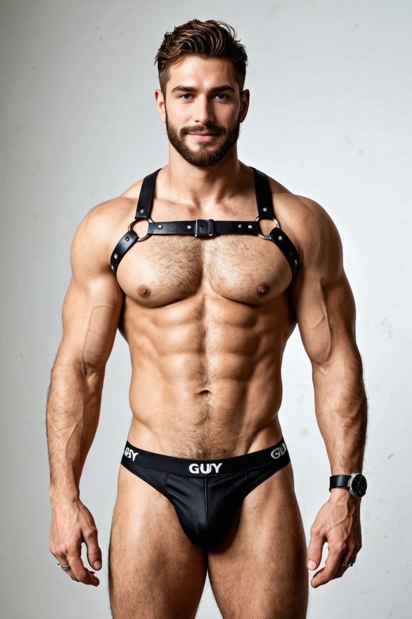 And Buckles That Sit Snugly Across His Hairy Pectorals And Over His Shoulders He Wears Tight, Sternum, Realistic Body Hair AI Gay Porn