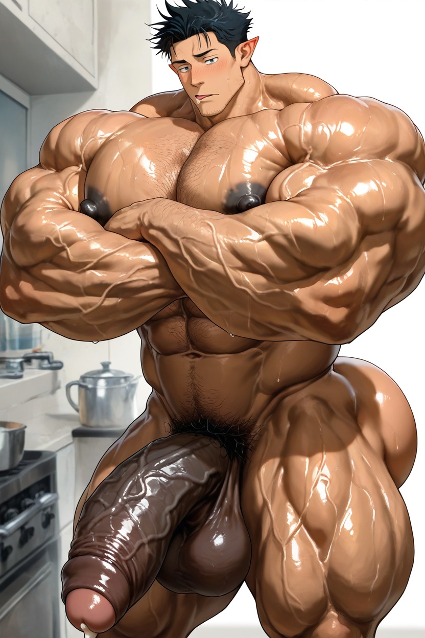 Dark Brown Skin, Profile, Vivid Cinematic Light Casting Rembrandt-style Deep Shadows On His Massive Bulking Body AI Gay Porn