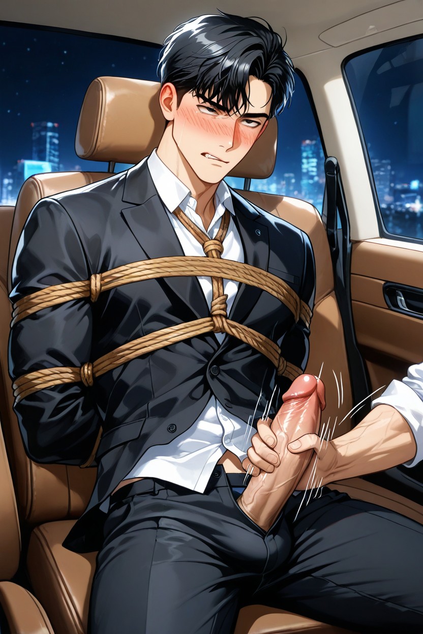 In The Car, Black Hair, Hair Ends Slightly Curled Up At The Ends AI Gay Porn
