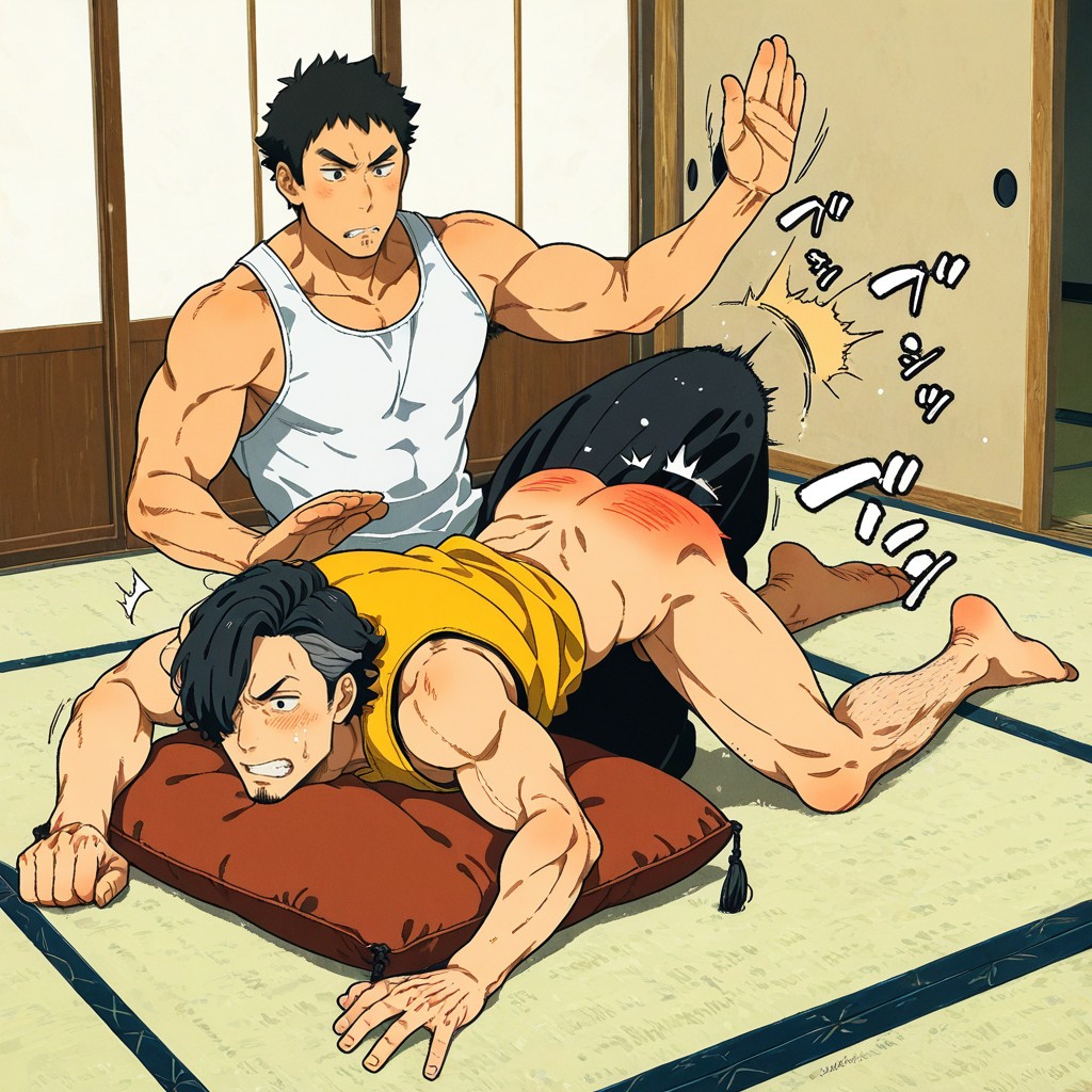 Side Shaved, Keishin Ukai Raising Right Hand Above Head To Spank, Side View AI Gay Porn