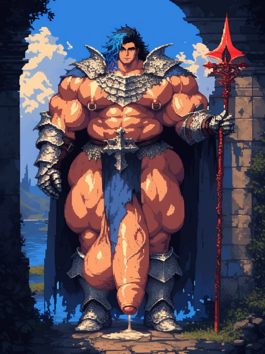 Huge Bulky Muscles, Medieval Fantasy Armor Gauntlets, Smooth Face AI Gay Porn
