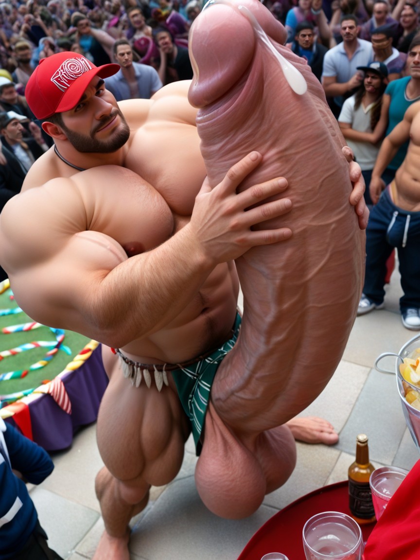 Clear Transparant Precum Drips Down Onto Face, Cock Much Taller Than Him, Bobcut AI Gay Porn