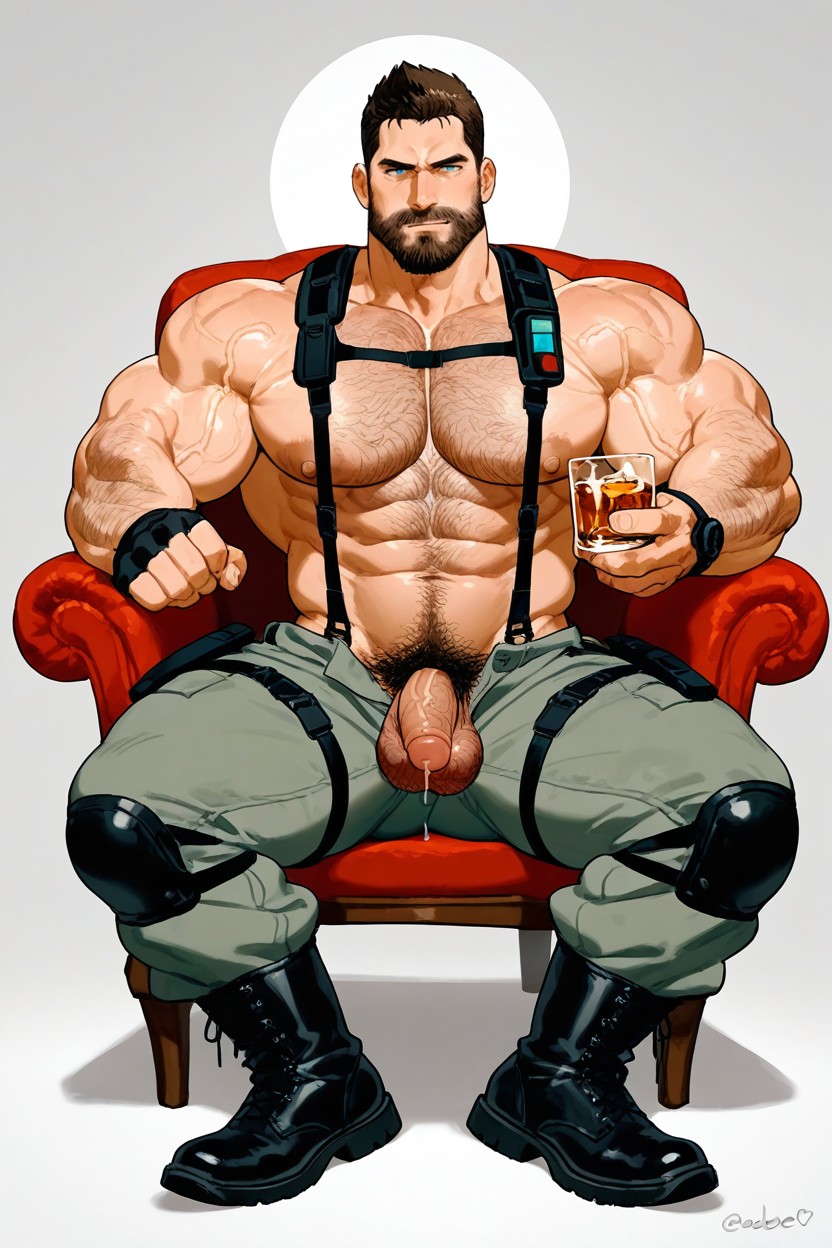 Full Beard, Tight Grey Cargo Pants, Hairy Chest AI Gay Porn