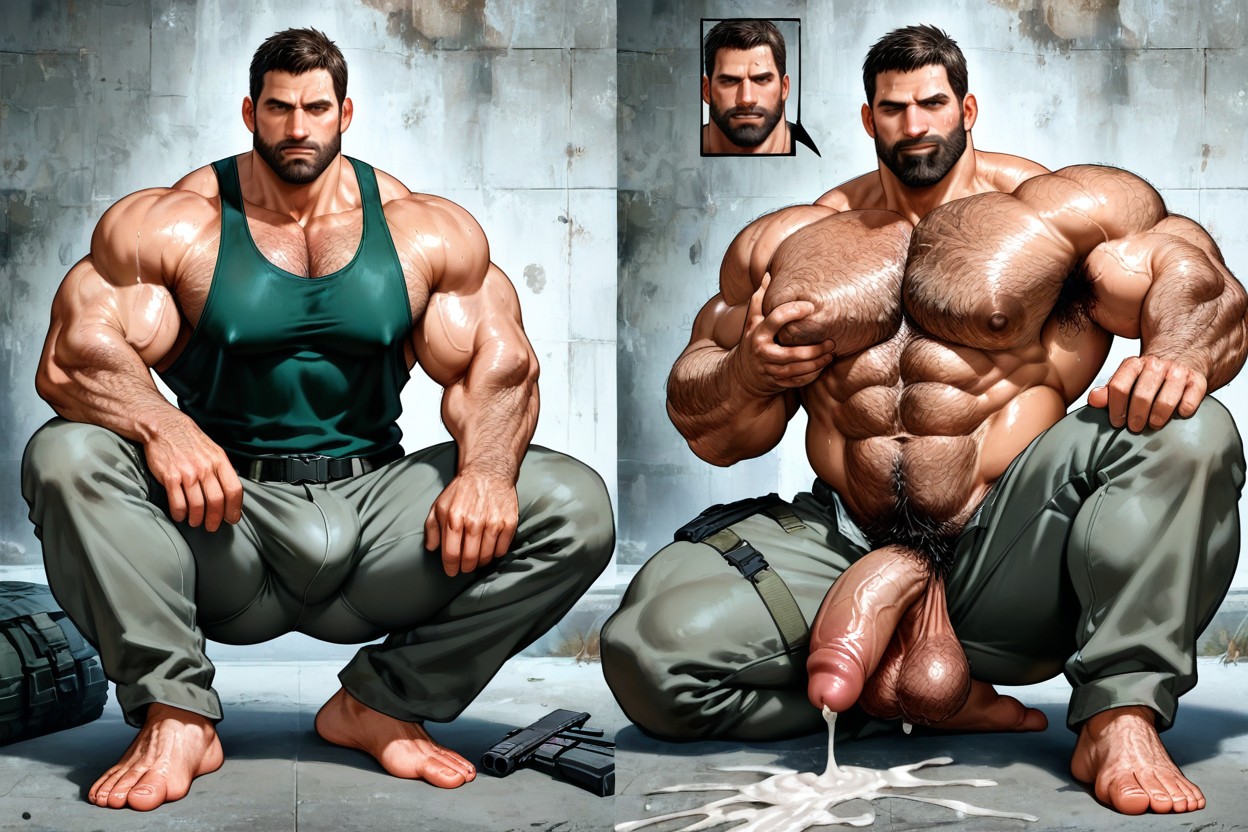 Tight Grey Cargo Pants, Power Face, Aggressively Excessively Long Curly Body Hair Everywhere AI Gay Porn