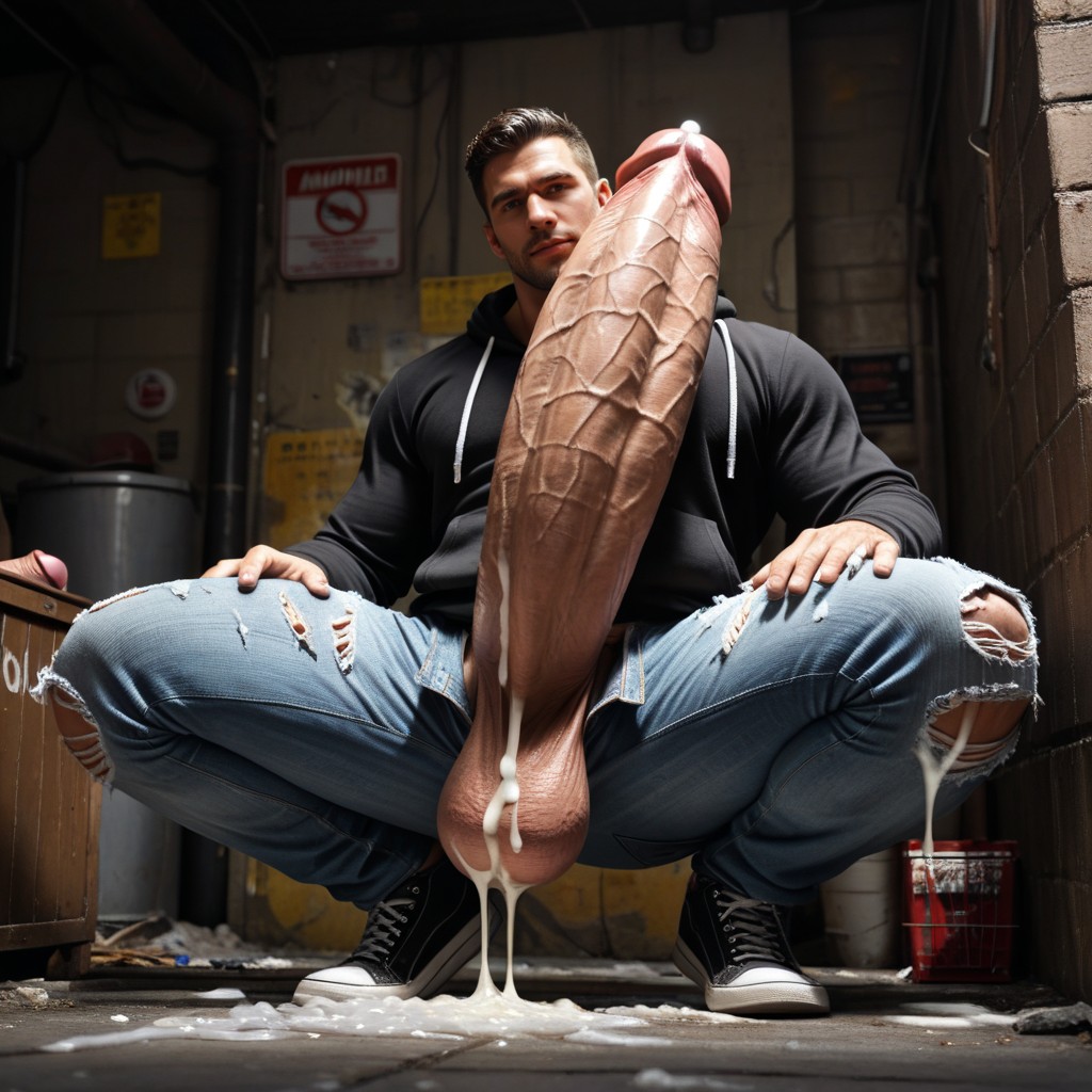 Ripped Jeans Around Thighs, Masculine, Messy Black Hair AI Gay Porn