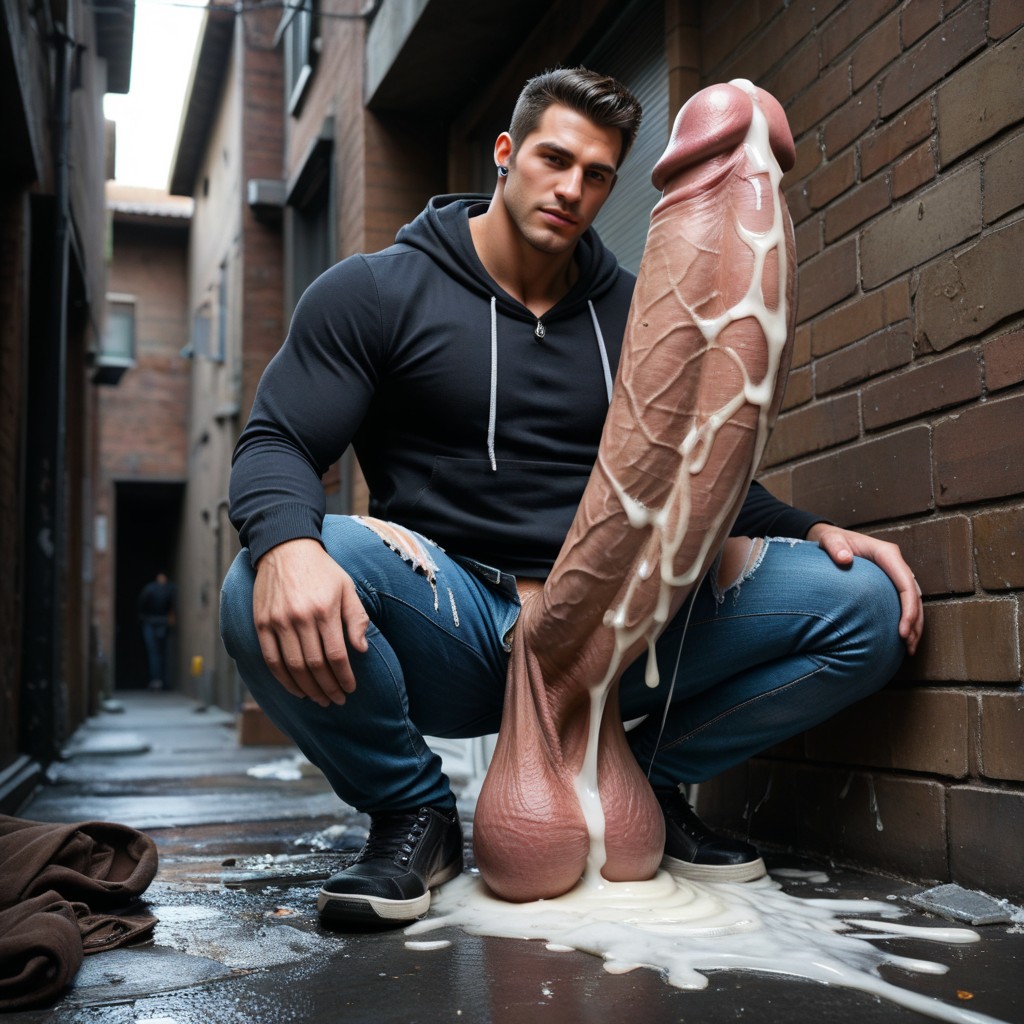 Ripped Jeans Around Thighs, Impossibly Thick Macro Penis, Big Balls AI Gay Porn