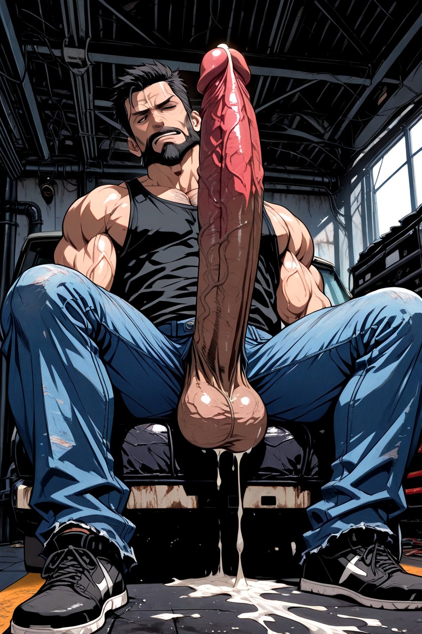 Cock So Big It Coils Heavily Across The Garage Floor, Legs Spread Wide, Male AI Gay Porn