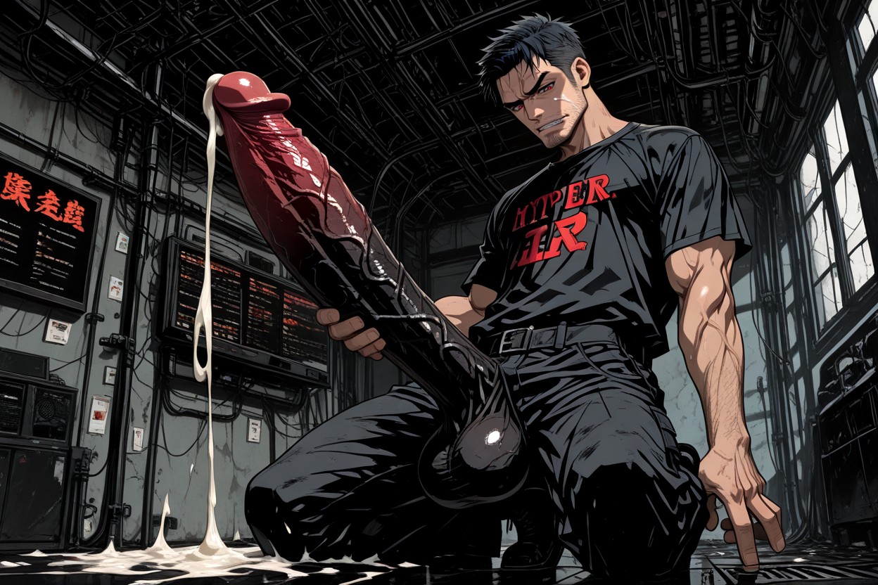 Black Cargo Pants Pushed Down, Surreal Absurd Impossible Gigantic Cock Size, Hyper Growth Macro Penis AI Gay Porn