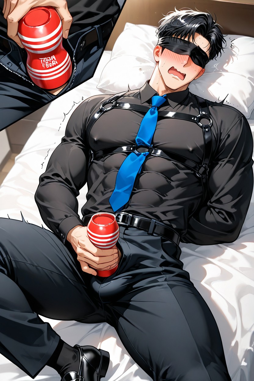 Open Pants Revealing Penis, A White Business Shirt, Black Leather Strap Wrapped Around The Shirt AI Gay Porn