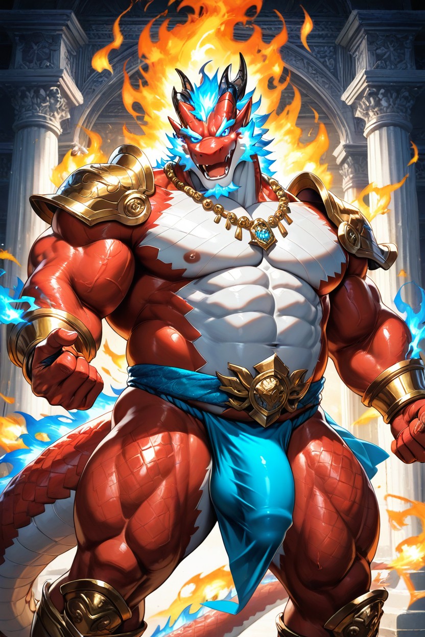 Swirling Golden Flames, Thick Thighs, Arms Flexed AI Gay Porn