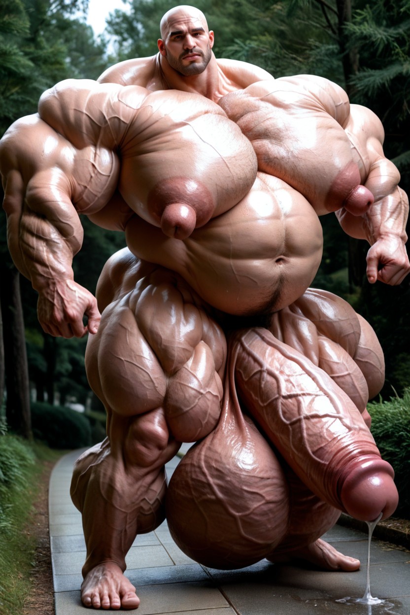 Puffy Moist Nipples, Bald, Balls Bigger Than Human AI Gay Porn