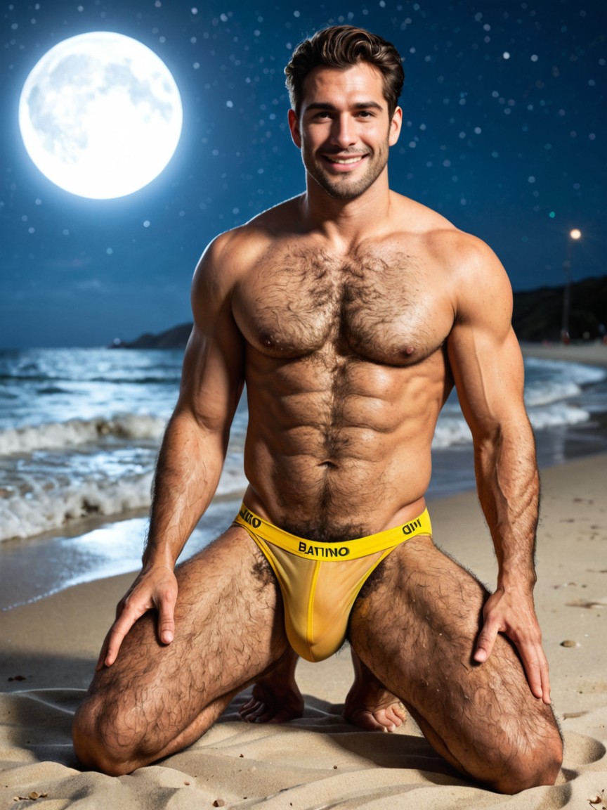 Very Dense Hairy Body, Large, Smiling AI Gay Porn