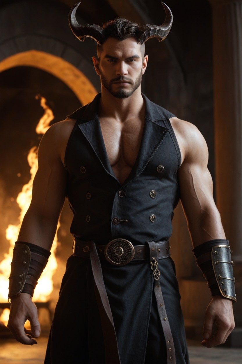Dramatic Low-key Lighting, With A Long Dark Purple Warrior Sash Hanging Vertically From The Belt His Forearms Are Protected By Large Black Fantasy-metal Bracers, Hanging Chains AI Gay Porn