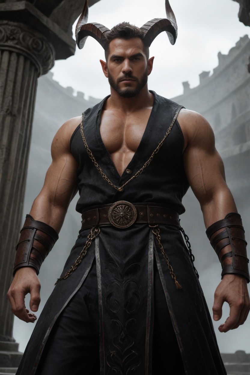 Confident And Dominant Rather Than Rigid Or Symmetrical His Head Is Slightly Tilted Downward While He Looks Directly Toward The Viewer From Above, Epic Boss Character, Massive And Broad-shouldered Physique AI Gay Porn