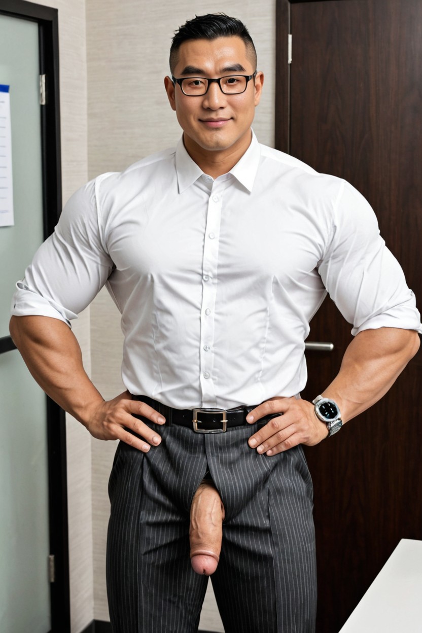Uncut Dick Size Moyen Downward, High-waisted Trousers, Flaccid Penis Downward AI Gay Porn