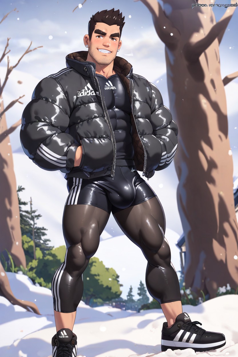 White Stud Earringsboth Men Are Wearing Sports Spandex Leggings And Padded Zip Jacket Detailed D Footwear With A High Soft Silicone Soletheir Jackets Are Fully Zipped Up To The Very Top Sideview Mamimi Style, Jacket, Big Bulging Quadriceps AI Gay Porn