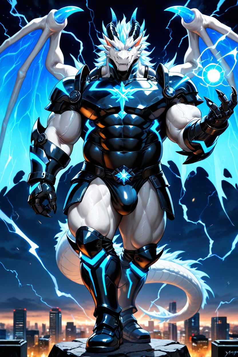 Long Thick White Tail With Cyan Tip, Powerful, Cityscape Below AI Gay Porn